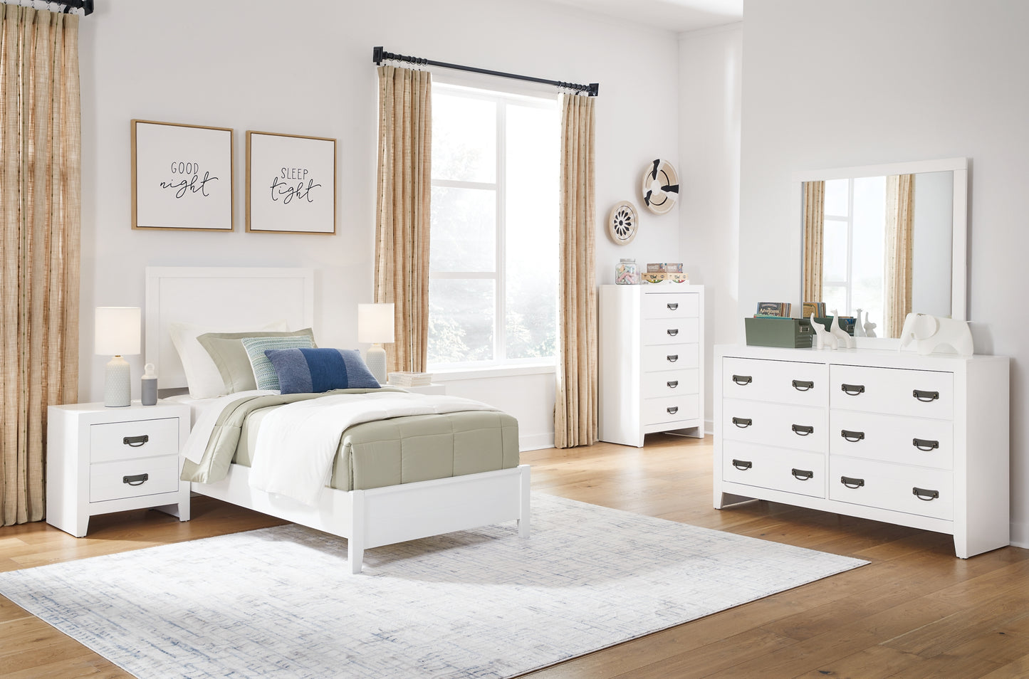 Binterglen Twin Panel Bed with Mirrored Dresser, Chest and 2 Nightstands