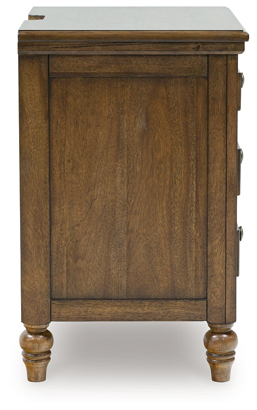 Sturlayne Queen Upholstered Panel Bed with Mirrored Dresser, Chest and Nightstand