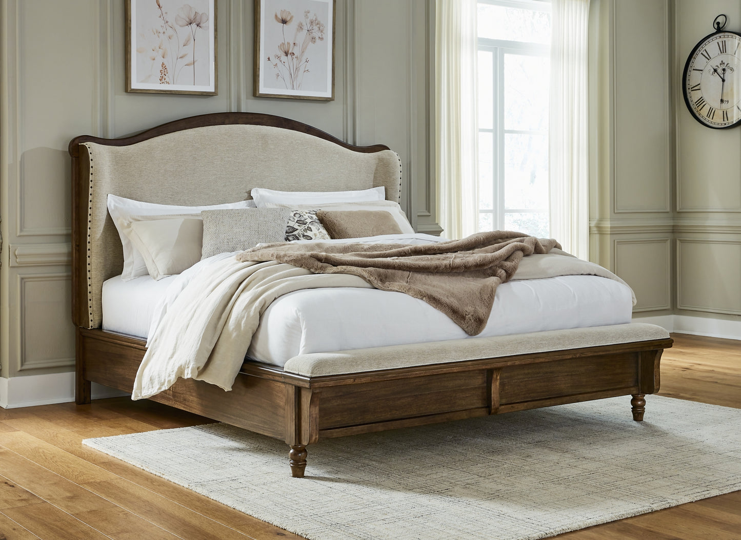 Sturlayne King Upholstered Panel Bed with Mirrored Dresser