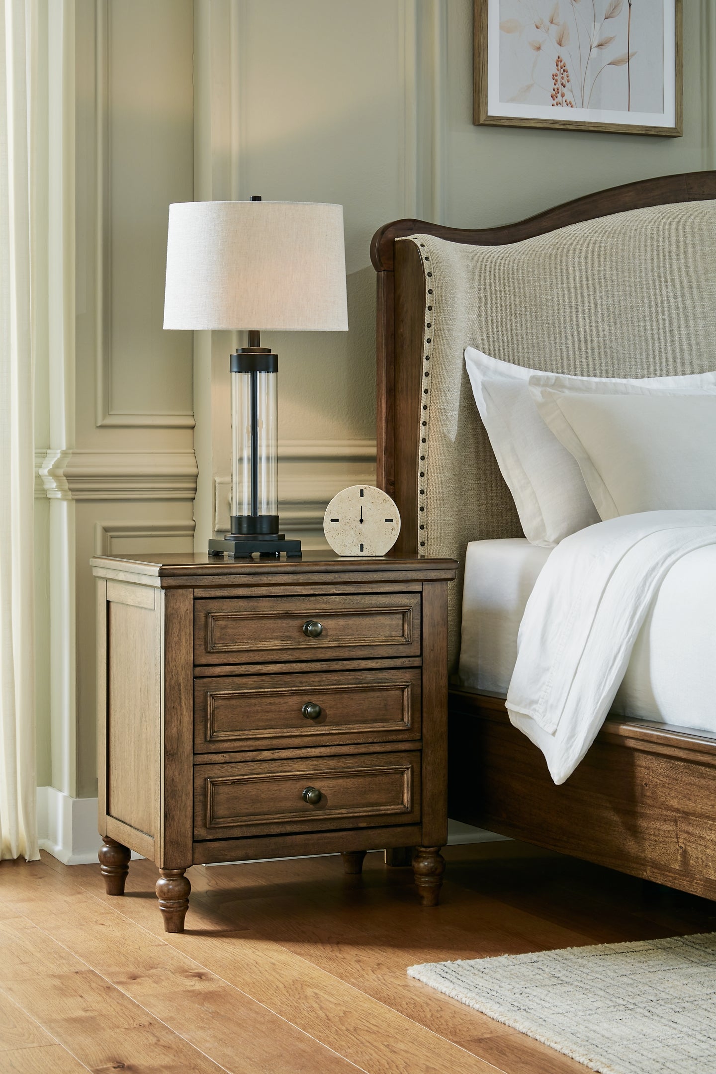 Sturlayne King Upholstered Panel Bed with Mirrored Dresser, Chest and Nightstand