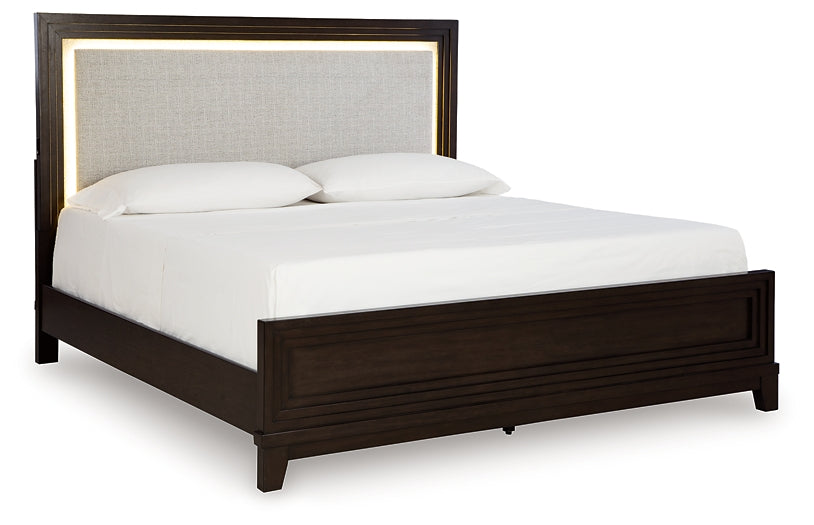 Neymorton King Upholstered Panel Bed with Dresser and 2 Nightstands
