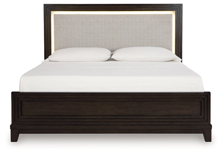Neymorton King Upholstered Panel Bed with 2 Nightstands