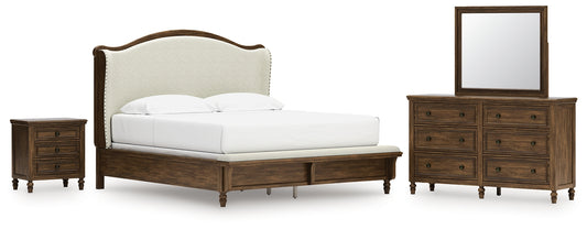 Sturlayne King Upholstered Panel Bed with Mirrored Dresser and Nightstand