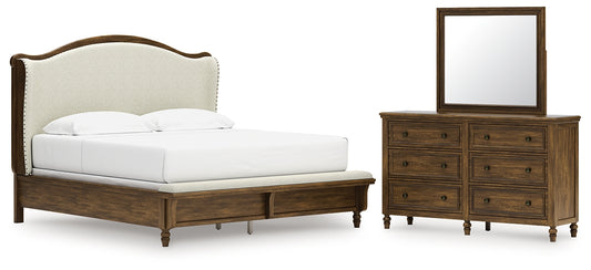 Sturlayne King Upholstered Panel Bed with Mirrored Dresser