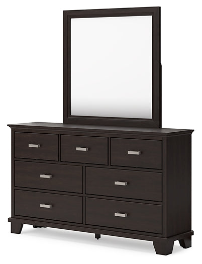 Covetown Queen Panel Bed with Mirrored Dresser, Chest and Nightstand