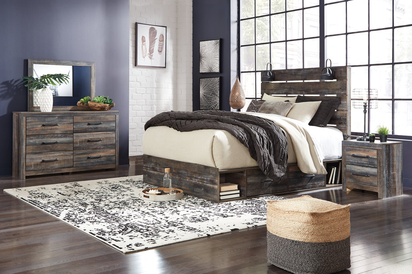 Drystan King Panel Bed with 4 Storage Drawers with Mirrored Dresser, Chest and Nightstand