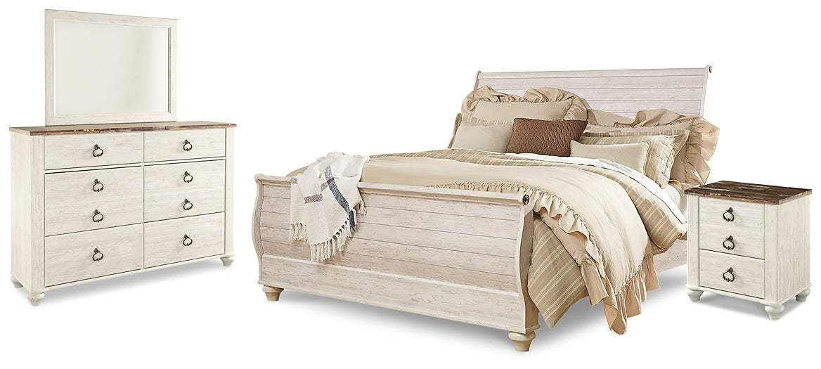 Willowton King Sleigh Bed with Mirrored Dresser and Nightstand
